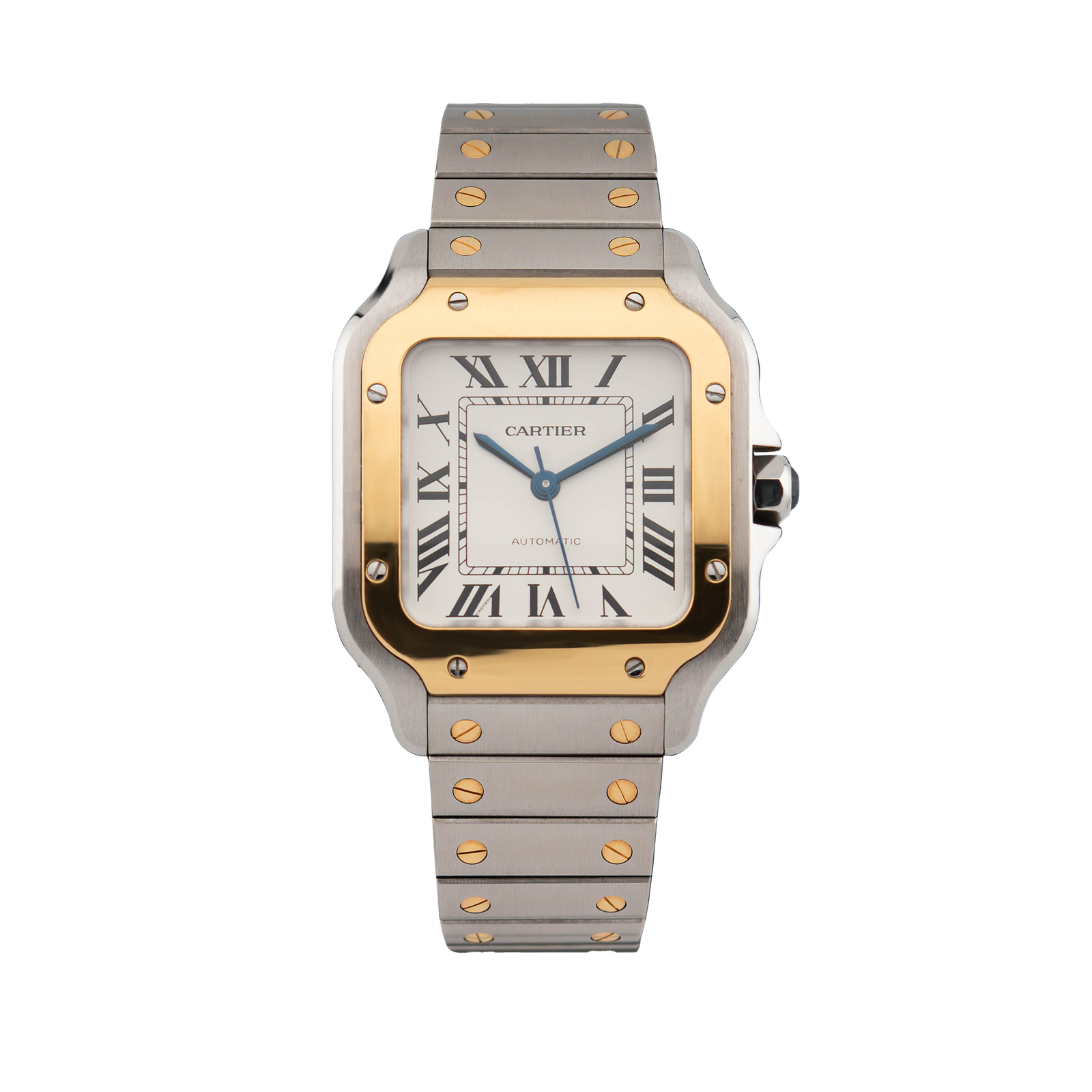 281c8727c2505194fc8303ab66d129e5.png Santos de Cartier Yellow Gold & Steel White Dial 35mm - Image 1