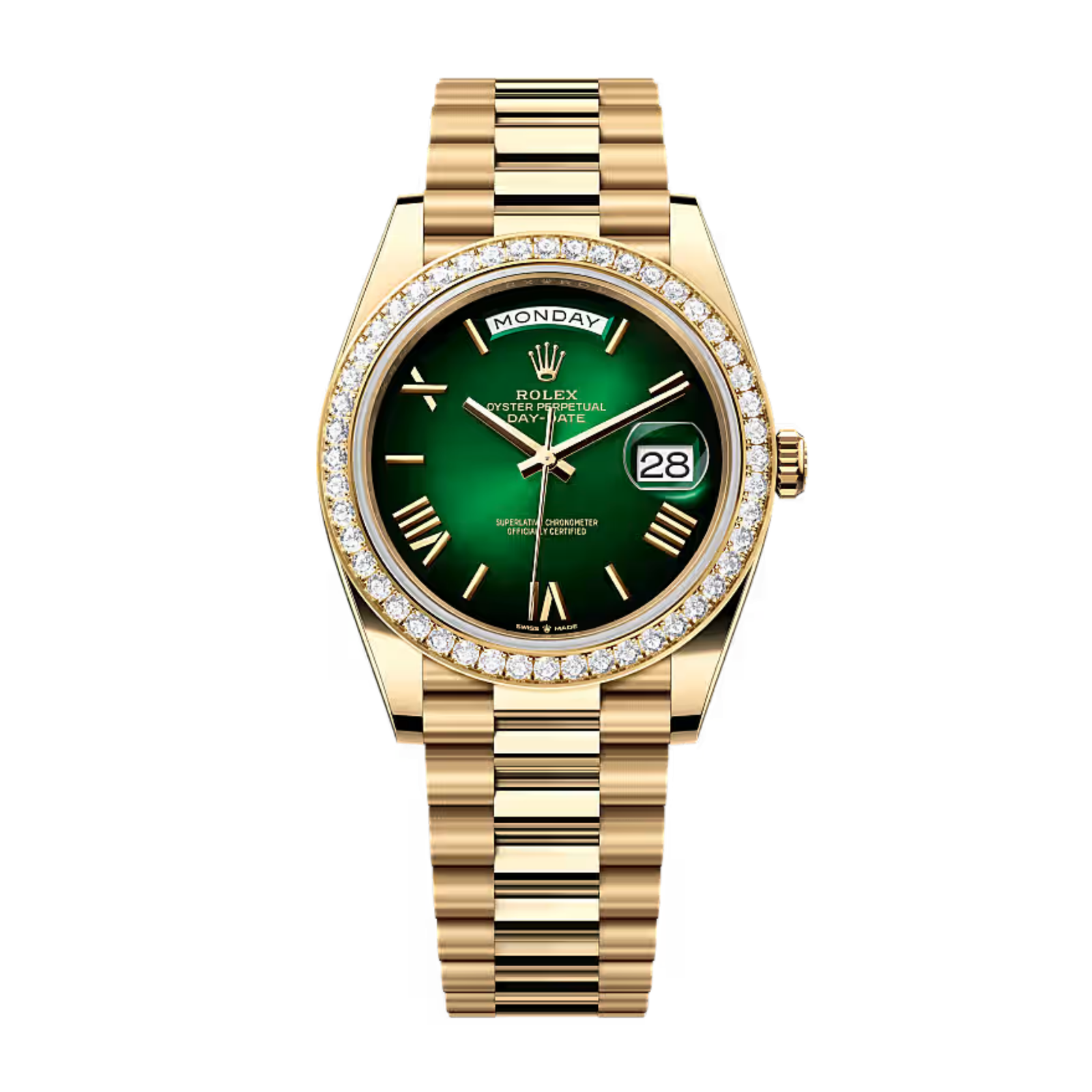 30eb7a274ae783075c1469803a061341.png Day-Date Yellow Gold Diamond Green Ombré Dial 40mm - Image 1