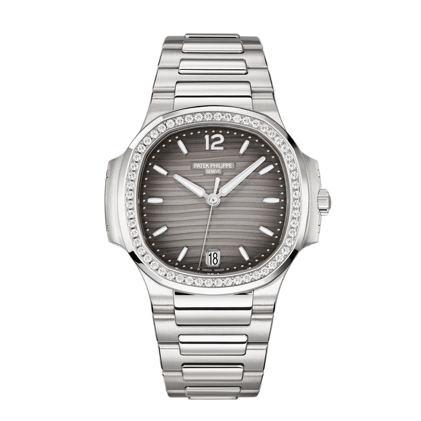 370603bc6e6a8e08da407edbe5bd38b1.png Nautilus Ladies Automatic Steel Diamond Grey Dial 35mm - Image 1