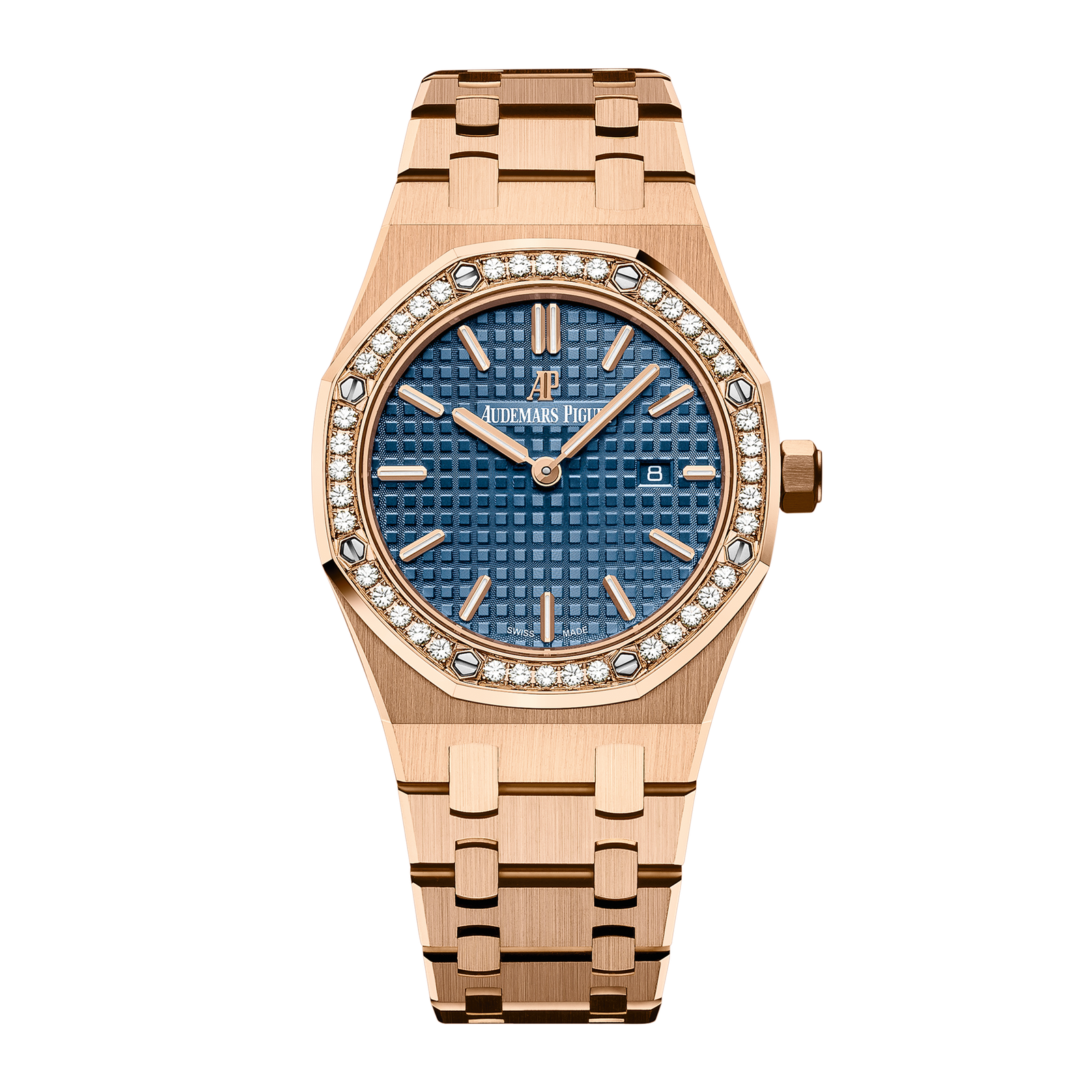 39bce8499472a81a87d2463cd3051d67.png Royal Oak Rose Gold Diamond Blue Dial 33mm - Image 1