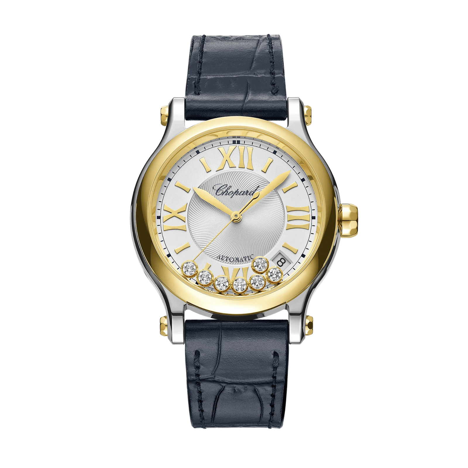 422e38fbd4d72c2f8d24c7b286eea3d3.png Happy Sport Yellow Gold & Steel Silver Dial 36mm - Image 1