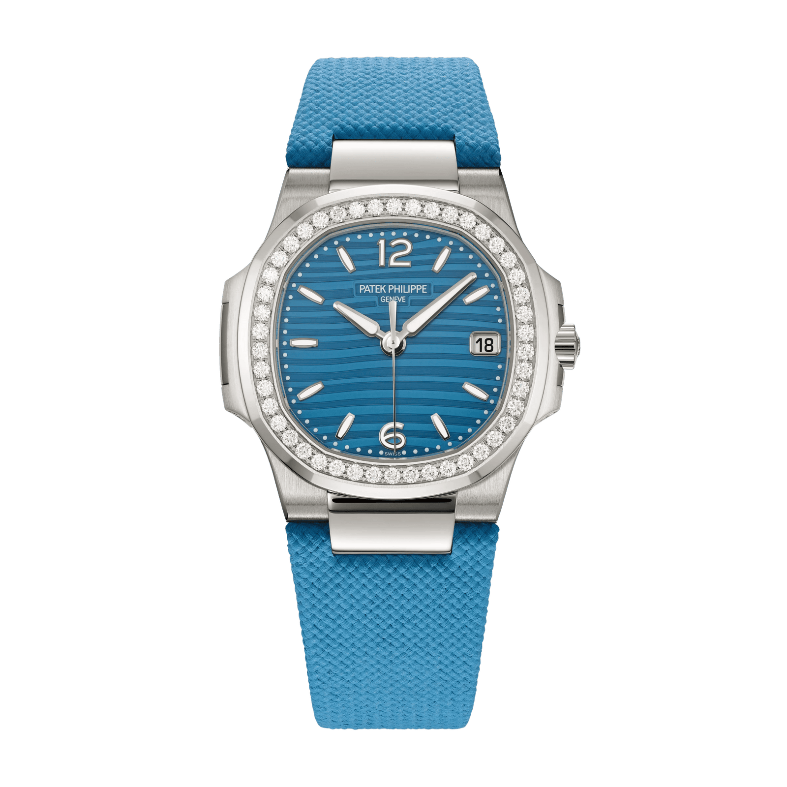 5cc2e58435f6387cd2014f4f56689416.png Nautilus White Gold Diamond Azure Blue Dial 32mm - Image 1