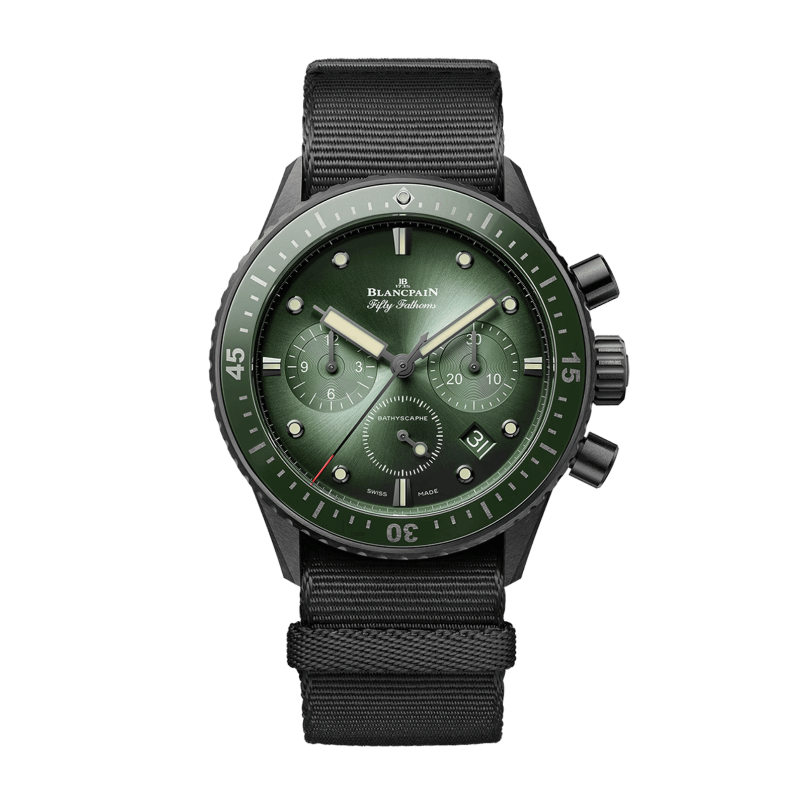 5f79051c695fd5b63dfcf495e47c7a1b.png Fifty Fathoms Bathyscaphe Chronograph Ceramic Green Dial 43mm - Image 1