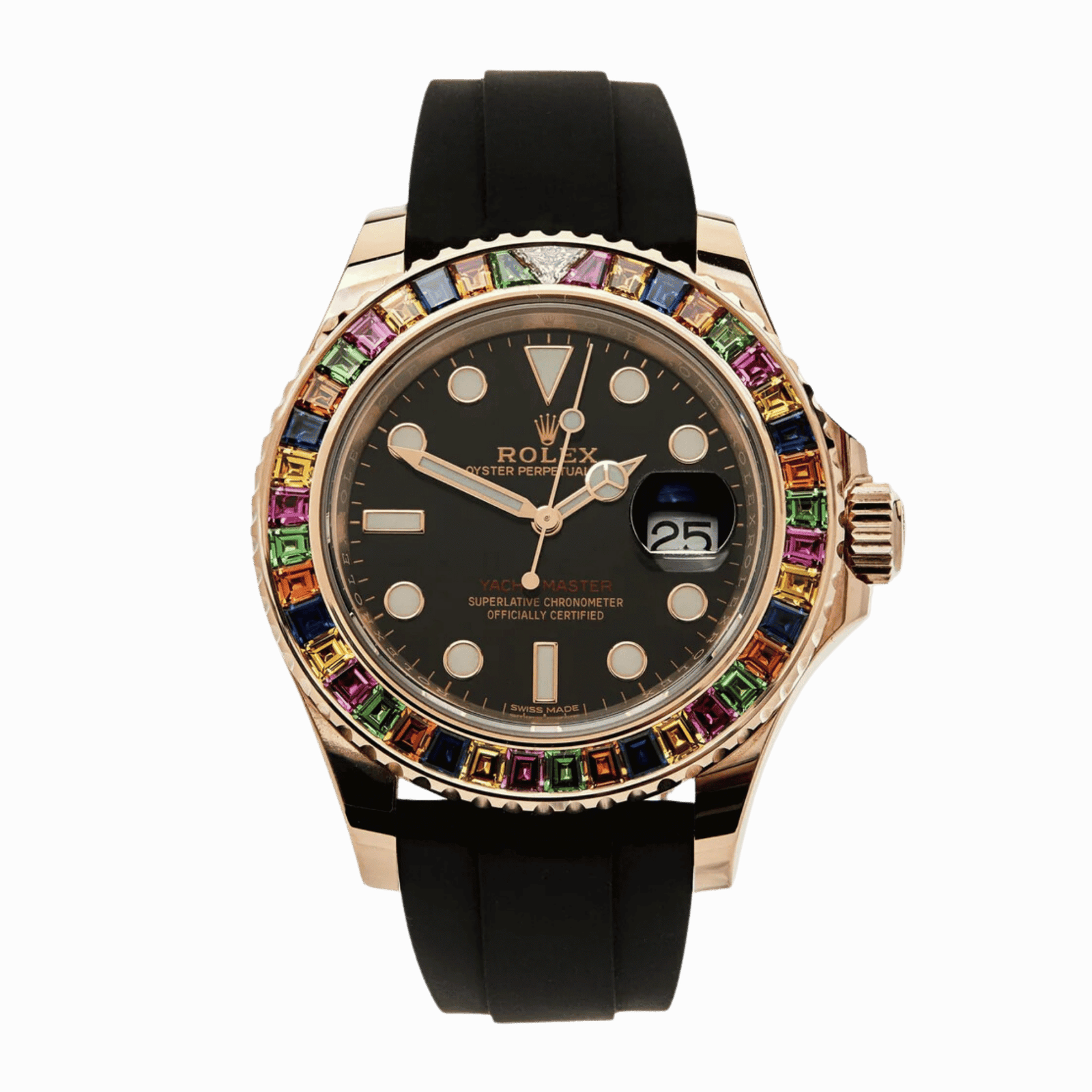 7ad6a612213cc0a4470ca88edacf83ae.png Yacht-Master Rose Gold Rainbow Sapphire Black Dial 40mm - Image 1