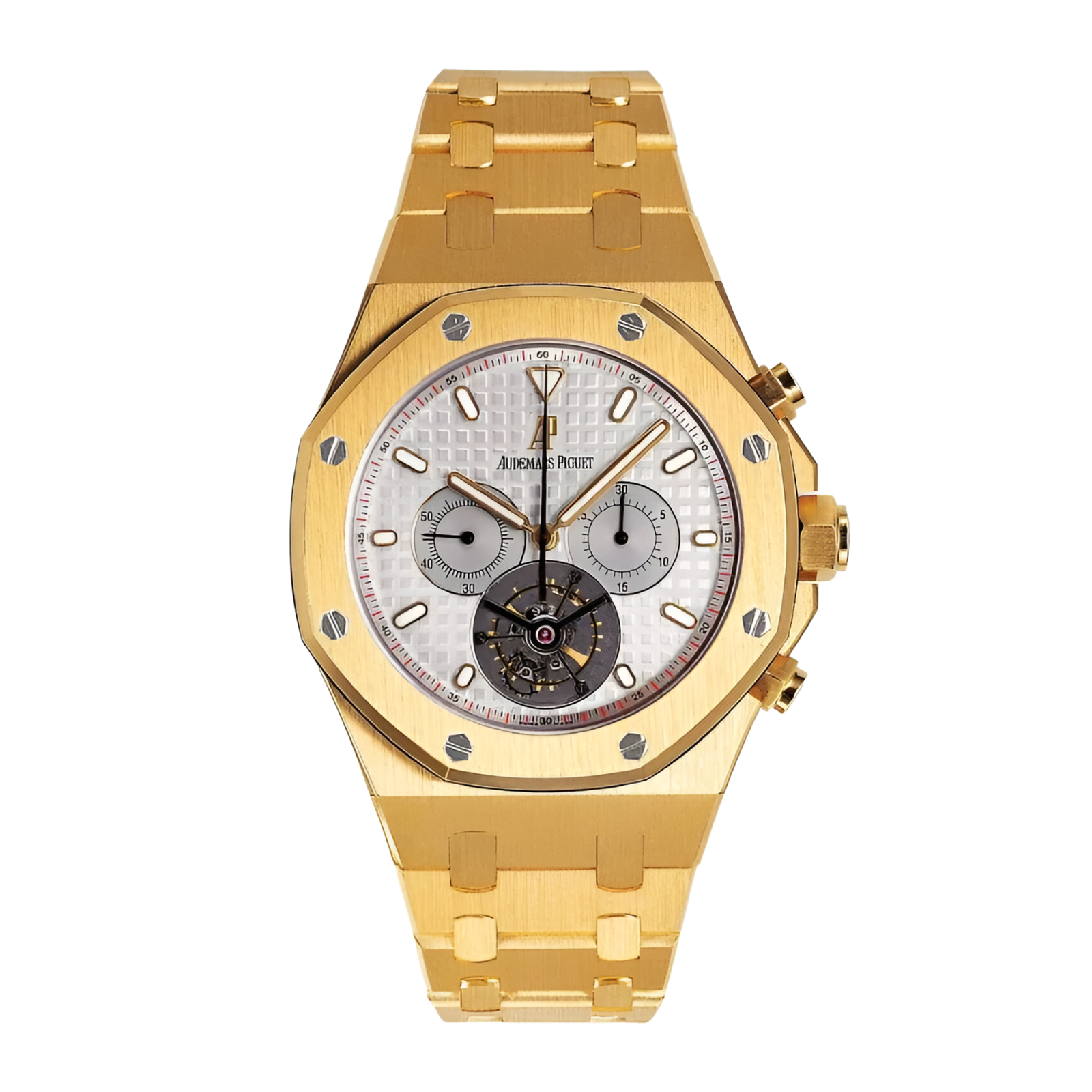 a18ecdc61ed9ca732189c03de7b4288f.png Royal Oak Tourbillon Chronograph Yellow Gold Silver Dial 44mm - Image 1