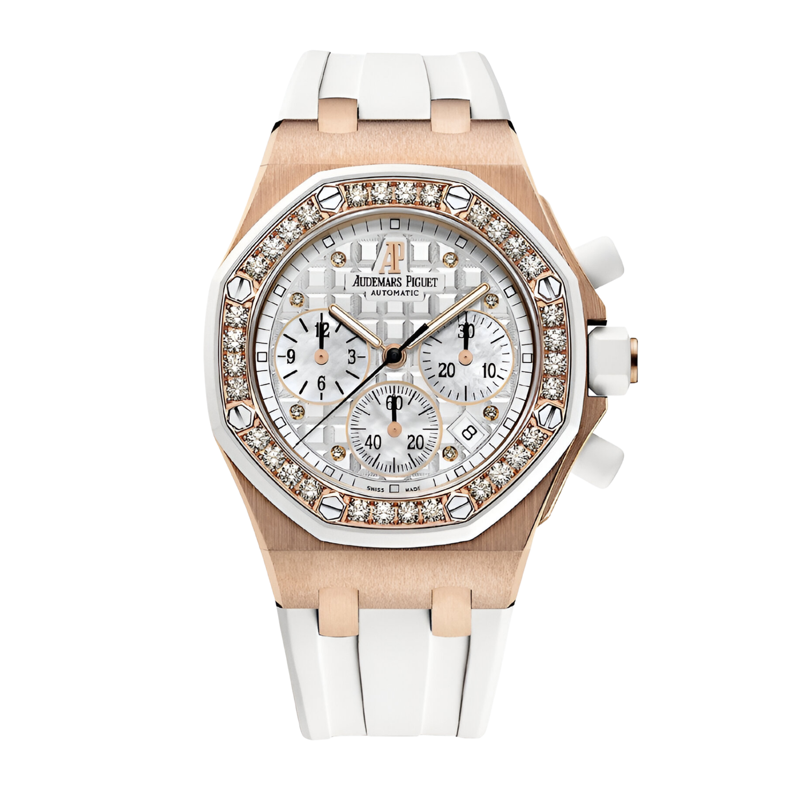 cae3d1e0d10b57479b6b5f0248cd94f8.png Royal Oak Offshore Lady Chronograph Rose Gold Diamond White Dial 37mm - Image 1