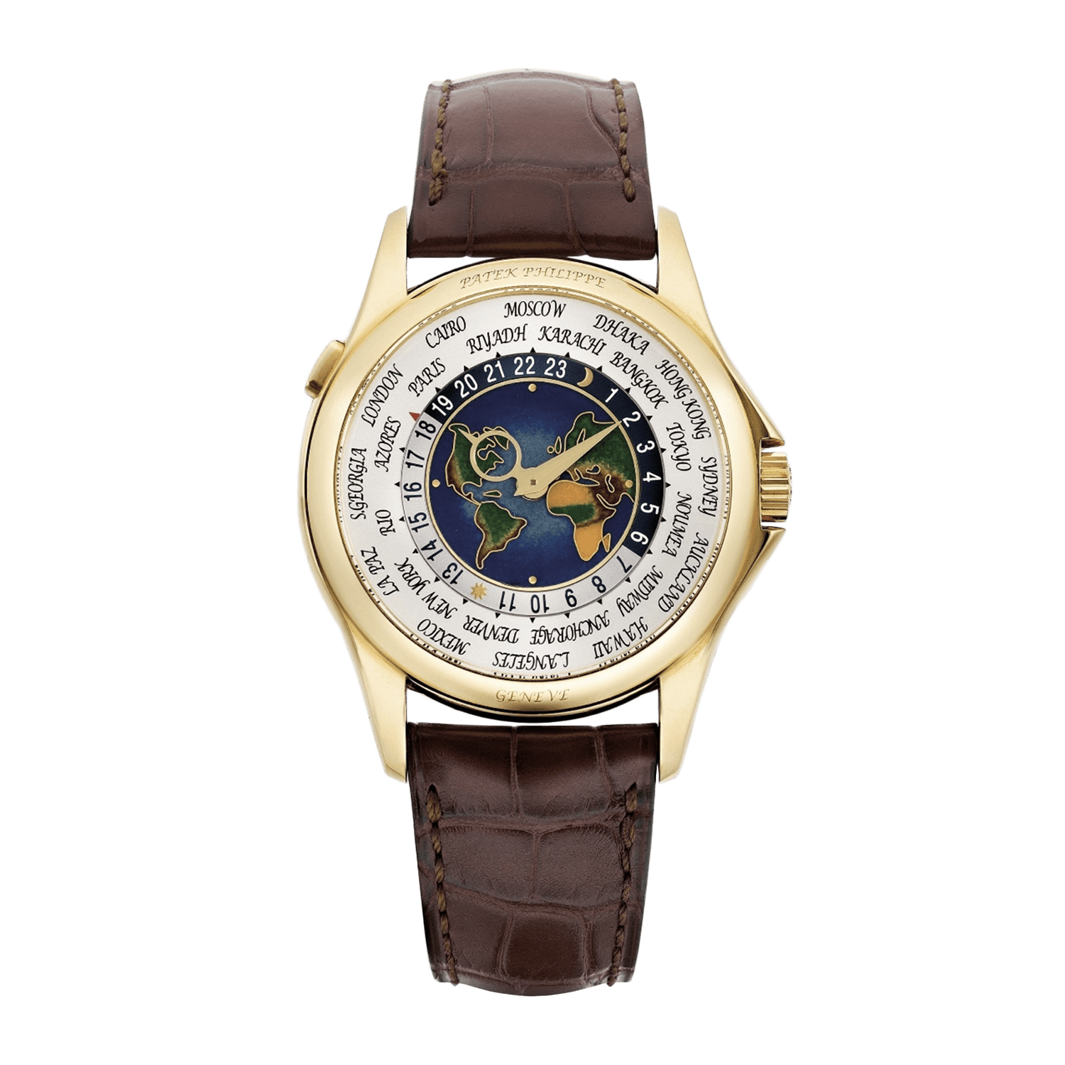 w00932_0befe4e3f9.png Complications World Time Yellow Gold Cloisonne Enamel USA Europe Map Double Sealed 39mm - Image 1